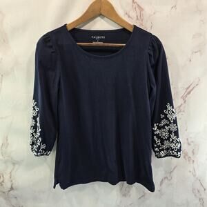 Talbots Shirt Womens Small P Blue Navy Embroidered Floral Puff Sleeve